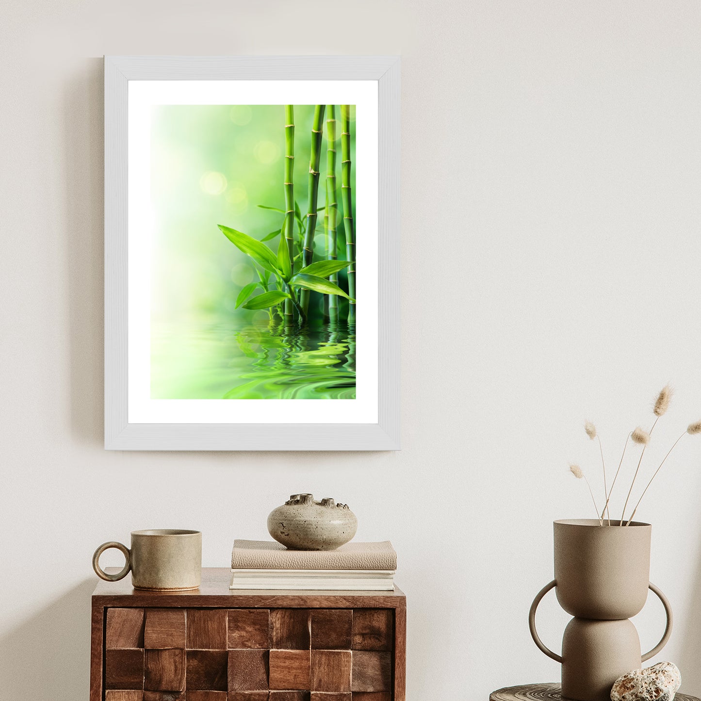 Poster Grüner Bambus Im Wasser Rahmen Holz Mit Passepartout Farbe Natürlich