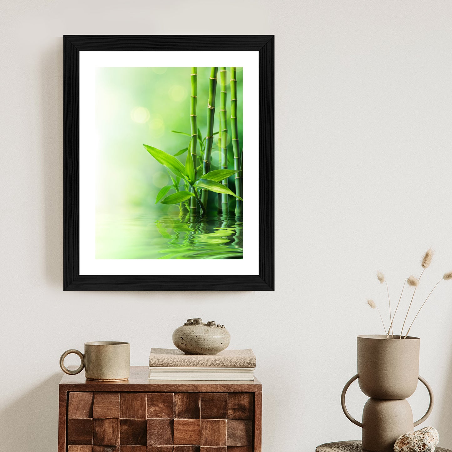 Poster Grüner Bambus Im Wasser Rahmen Holz Mit Passepartout Farbe Natürlich