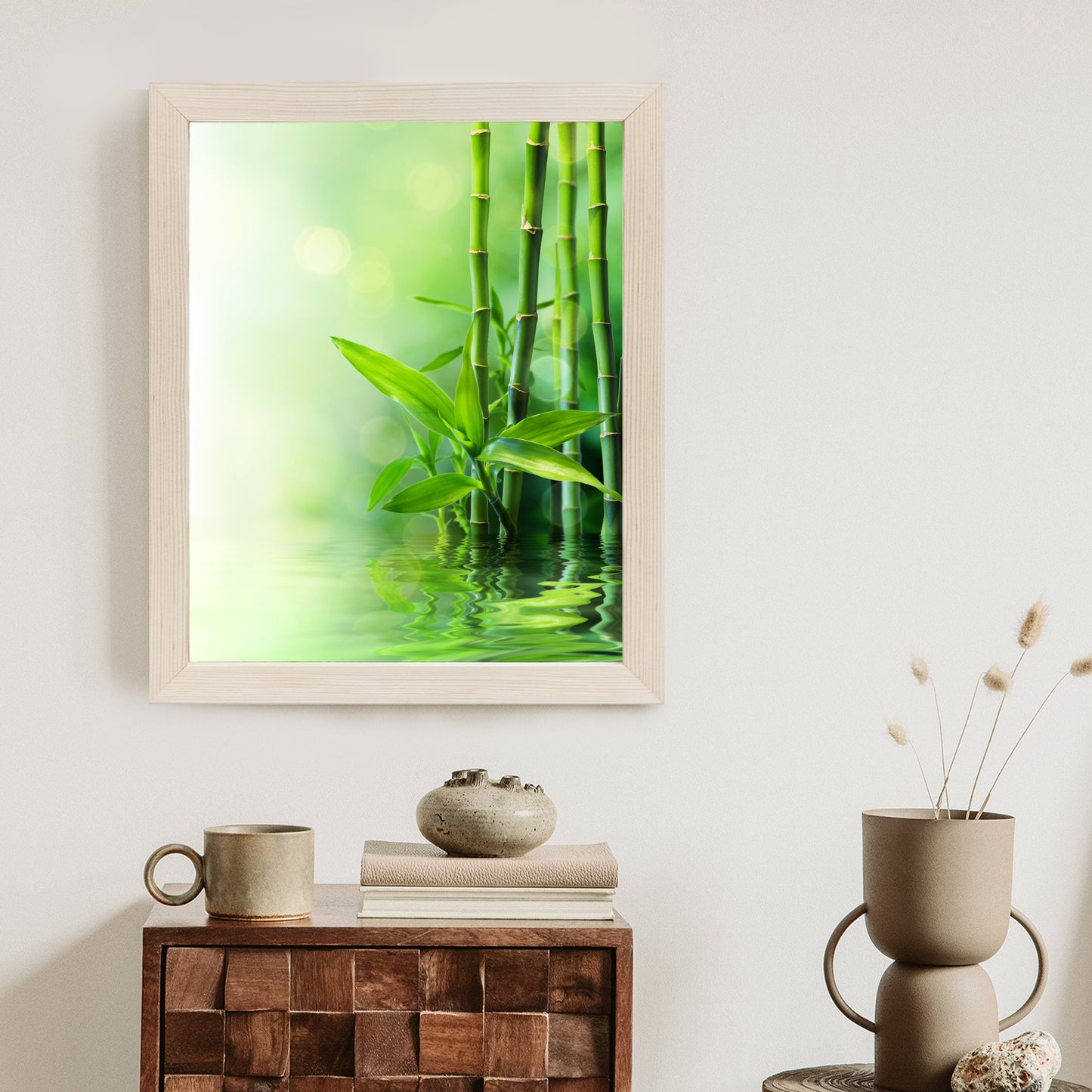 Poster Grüner Bambus Im Wasser Rahmen Holz Mit Passepartout Farbe Natürlich
