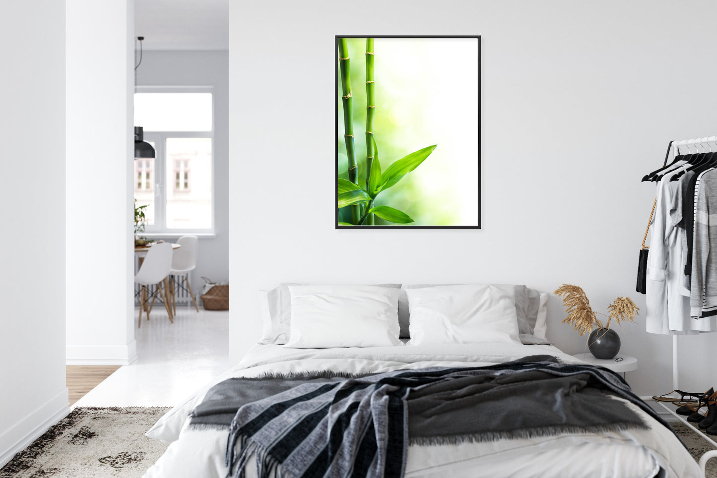 Poster Viele Bambusstiele Und Lichtbalken Rahmen Aluminium Mit Passepartout Farbe Silber