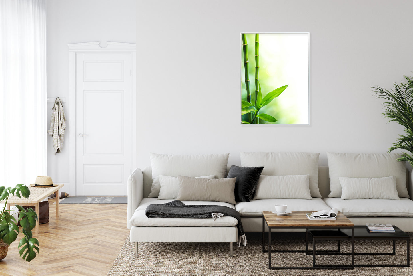 Poster Viele Bambusstiele Und Lichtbalken Rahmen Aluminium Mit Passepartout Farbe Silber