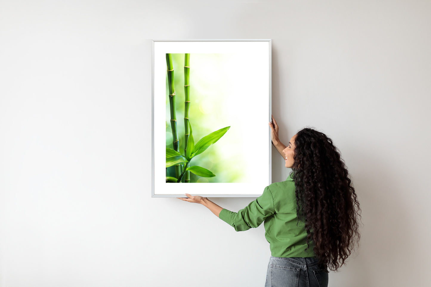 Poster Viele Bambusstiele Und Lichtbalken Rahmen Aluminium Mit Passepartout Farbe Silber