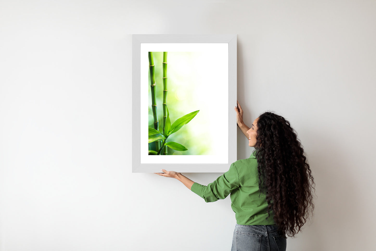 Poster Viele Bambusstiele Und Lichtbalken Rahmen Aluminium Mit Passepartout Farbe Silber