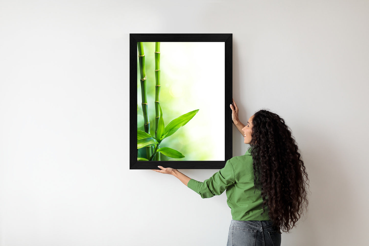Poster Viele Bambusstiele Und Lichtbalken Rahmen Aluminium Mit Passepartout Farbe Silber