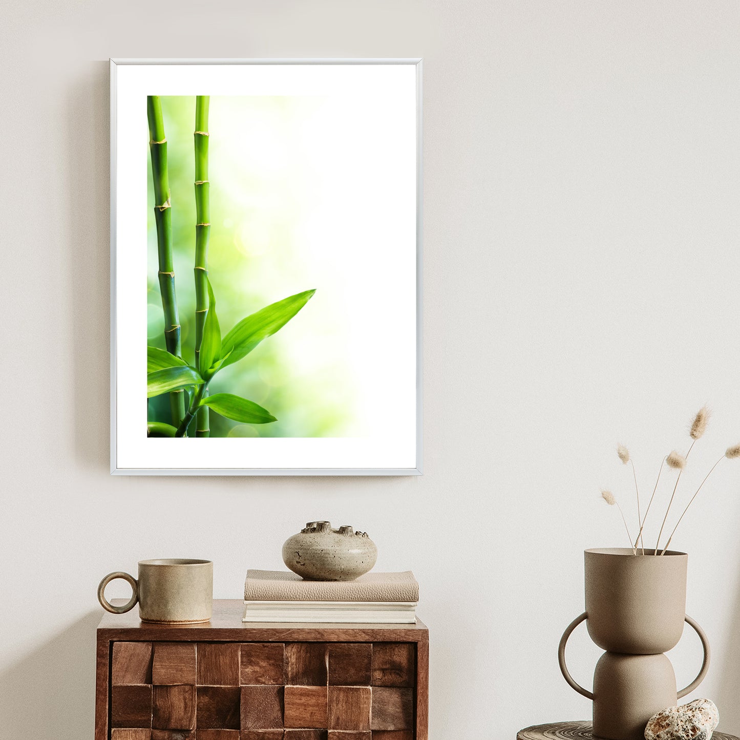 Poster Viele Bambusstiele Und Lichtbalken Rahmen Aluminium Mit Passepartout Farbe Silber