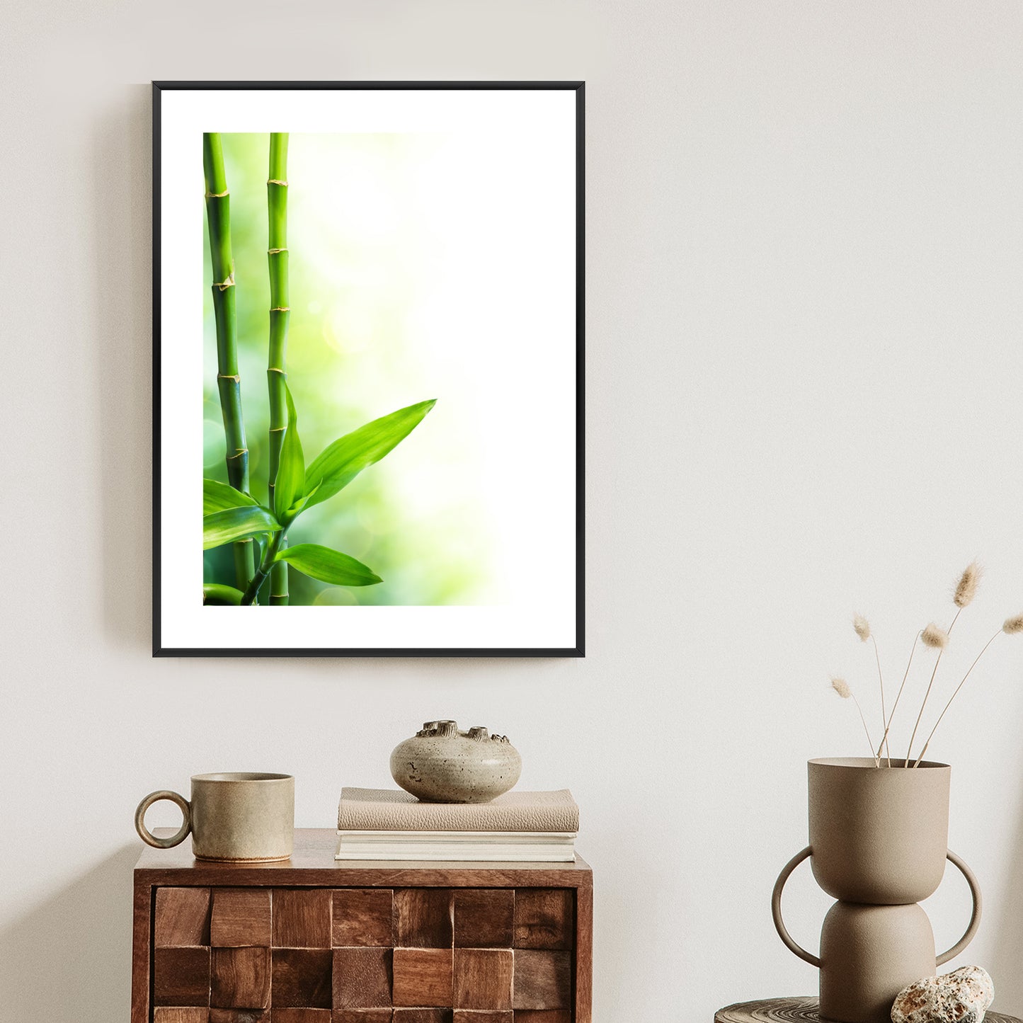 Poster Viele Bambusstiele Und Lichtbalken Rahmen Aluminium Mit Passepartout Farbe Silber