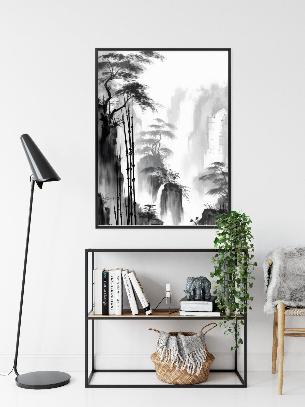 Poster Berglandschaft Mit Wasserfall Und Hohen Bambusbäumen Rahmen Holz Mit Passepartout Farbe Natürlich