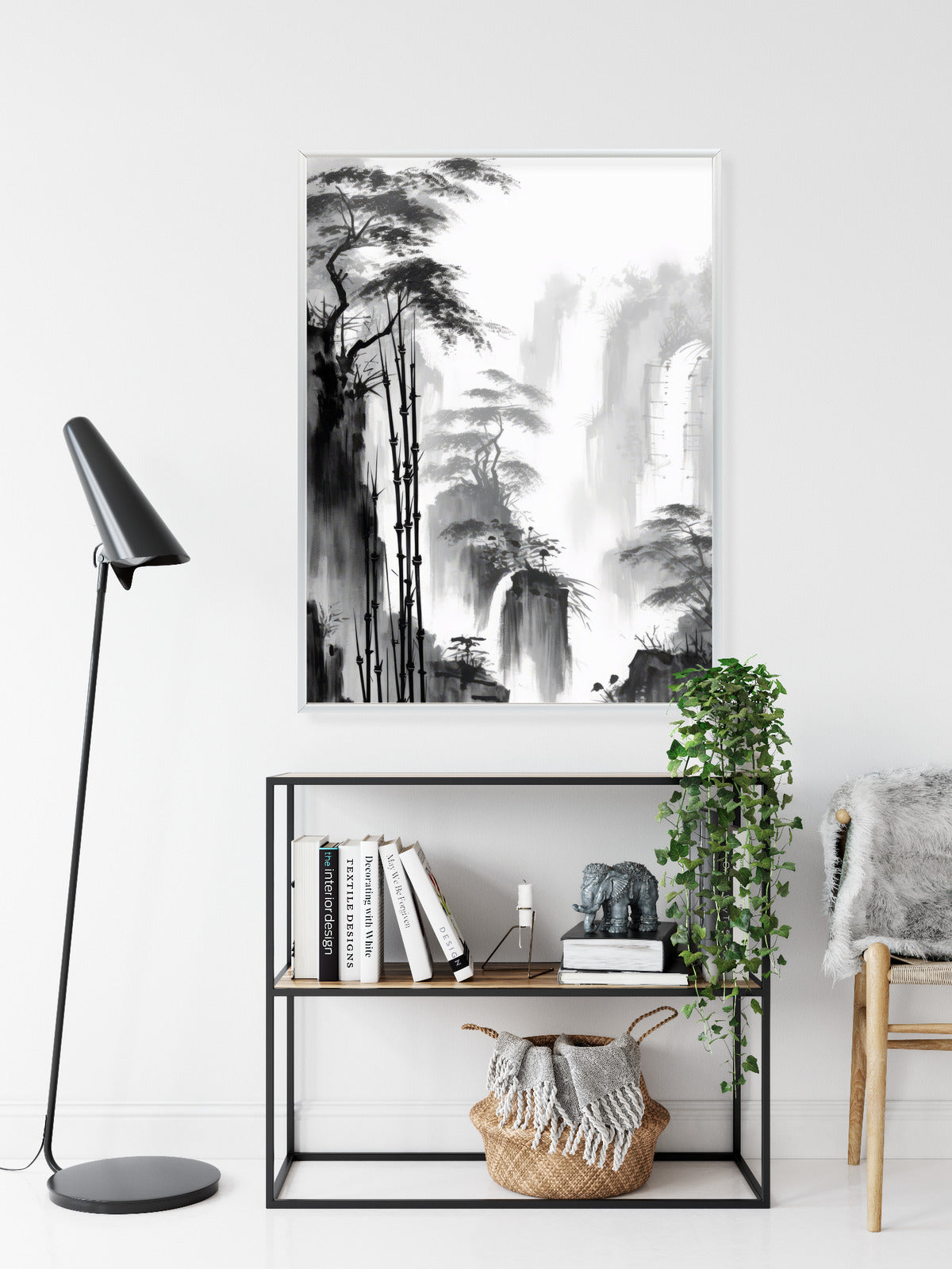 Poster Berglandschaft Mit Wasserfall Und Hohen Bambusbäumen Rahmen Holz Mit Passepartout Farbe Natürlich