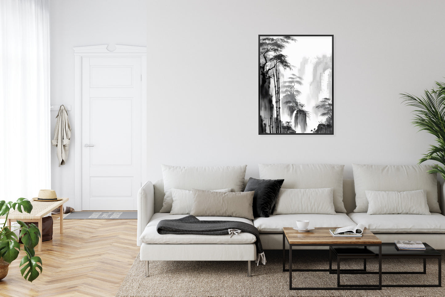 Poster Berglandschaft Mit Wasserfall Und Hohen Bambusbäumen Rahmen Holz Mit Passepartout Farbe Natürlich