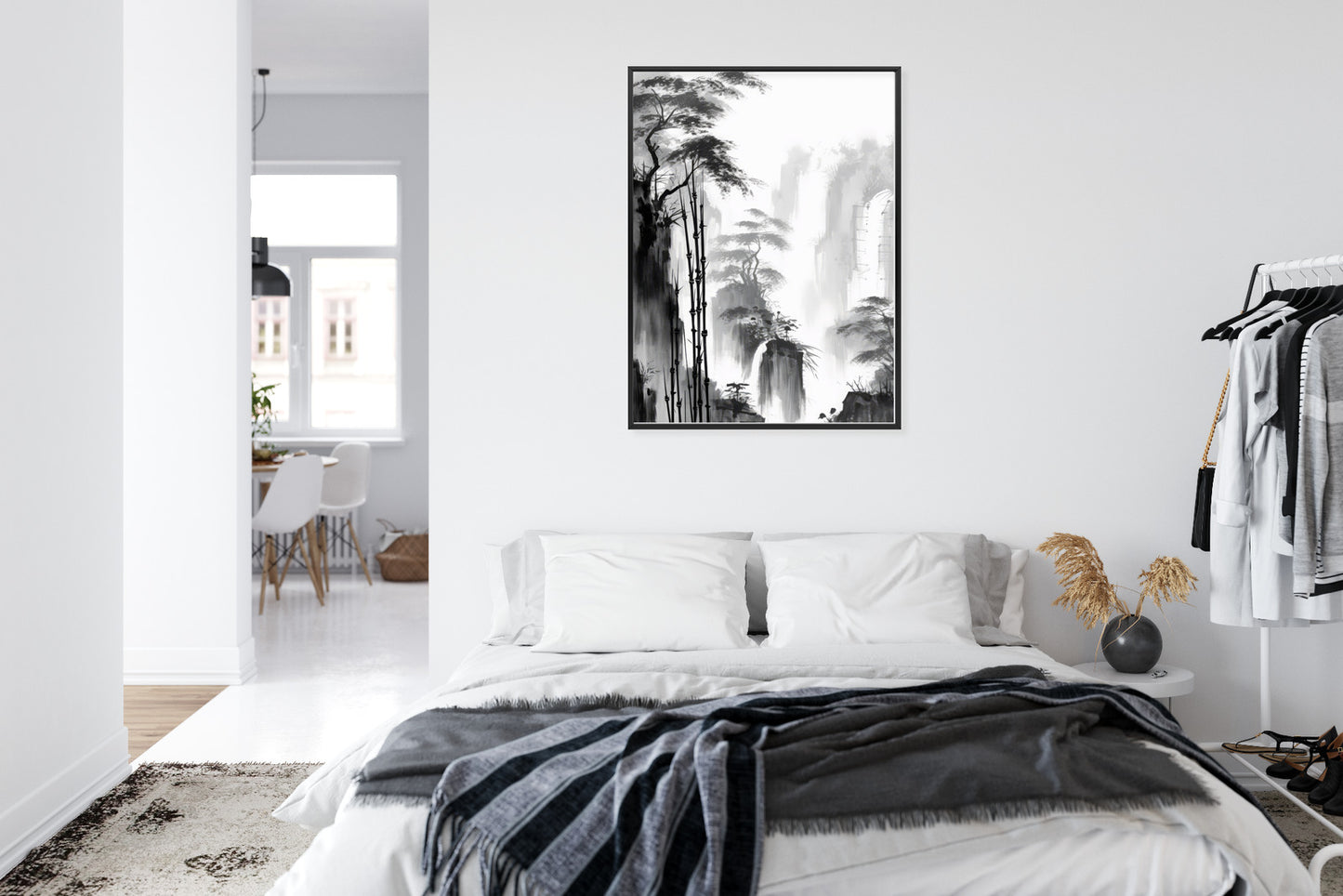 Poster Berglandschaft Mit Wasserfall Und Hohen Bambusbäumen Rahmen Holz Mit Passepartout Farbe Natürlich
