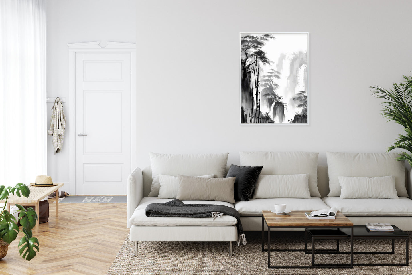Poster Berglandschaft Mit Wasserfall Und Hohen Bambusbäumen Rahmen Holz Mit Passepartout Farbe Natürlich