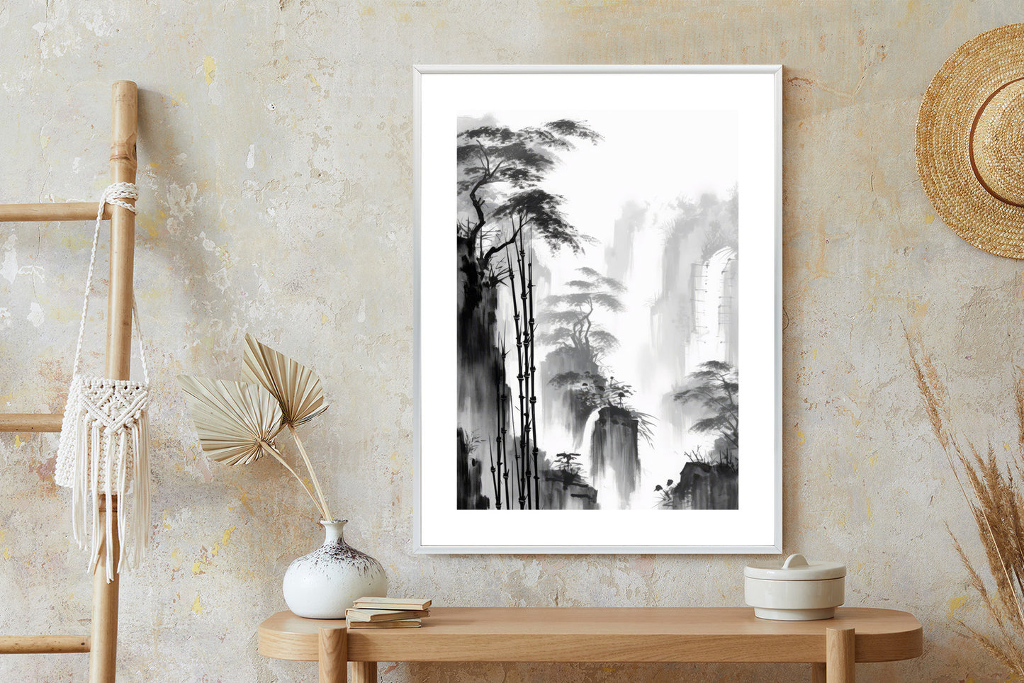 Poster Berglandschaft Mit Wasserfall Und Hohen Bambusbäumen Rahmen Holz Mit Passepartout Farbe Natürlich