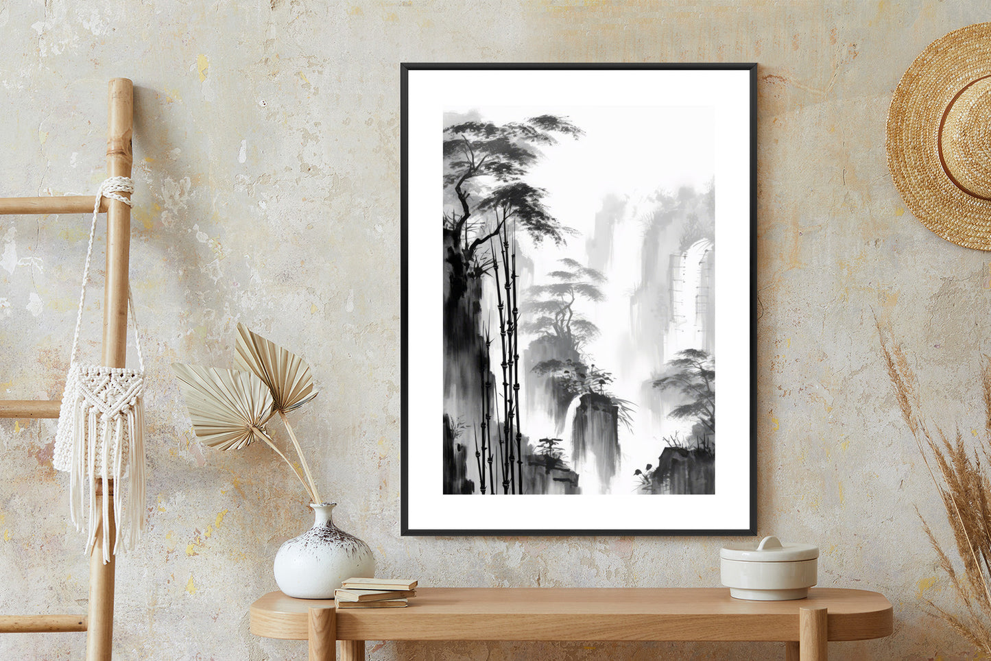 Poster Berglandschaft Mit Wasserfall Und Hohen Bambusbäumen Rahmen Holz Mit Passepartout Farbe Natürlich