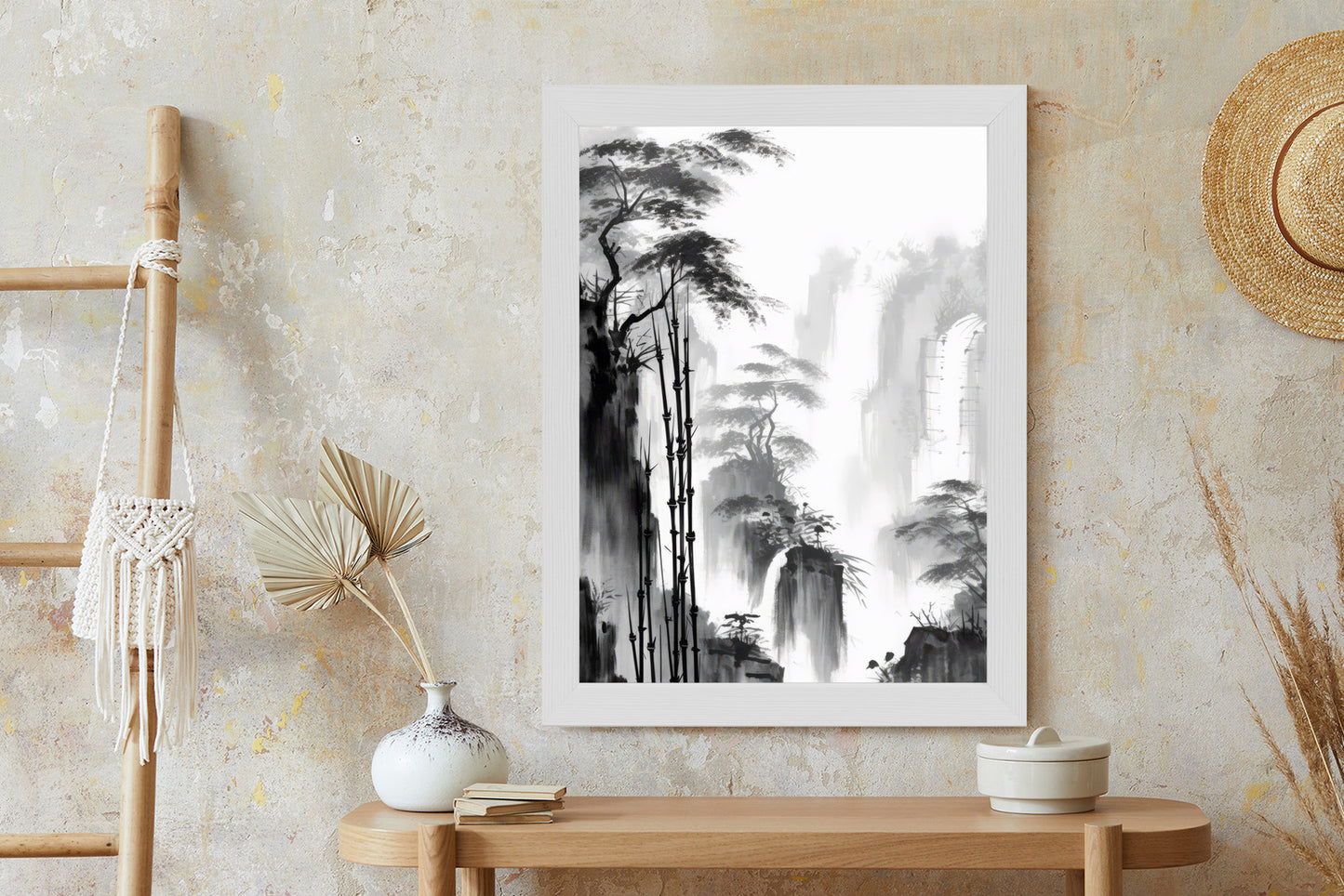Poster Berglandschaft Mit Wasserfall Und Hohen Bambusbäumen Rahmen Holz Mit Passepartout Farbe Natürlich