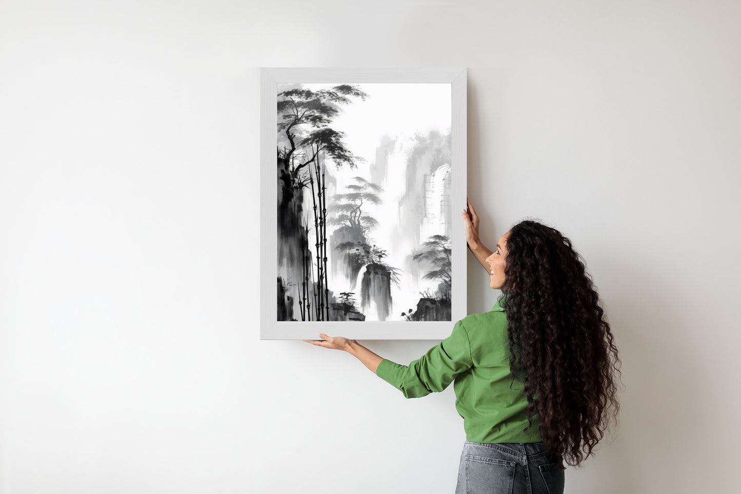 Poster Berglandschaft Mit Wasserfall Und Hohen Bambusbäumen Rahmen Holz Mit Passepartout Farbe Natürlich