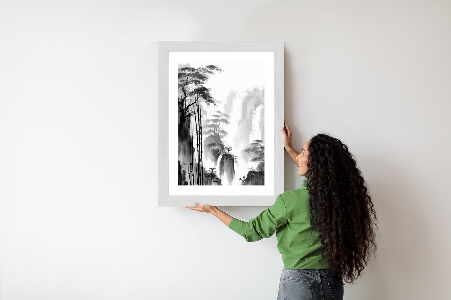 Poster Berglandschaft Mit Wasserfall Und Hohen Bambusbäumen Rahmen Holz Mit Passepartout Farbe Natürlich
