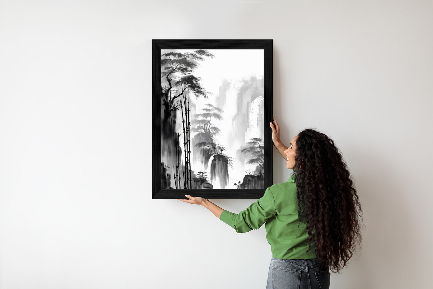 Poster Berglandschaft Mit Wasserfall Und Hohen Bambusbäumen Rahmen Holz Mit Passepartout Farbe Natürlich