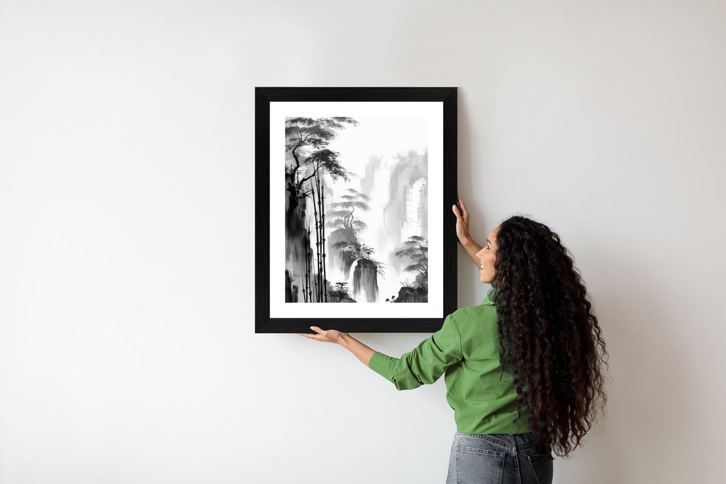 Poster Berglandschaft Mit Wasserfall Und Hohen Bambusbäumen Rahmen Holz Mit Passepartout Farbe Natürlich