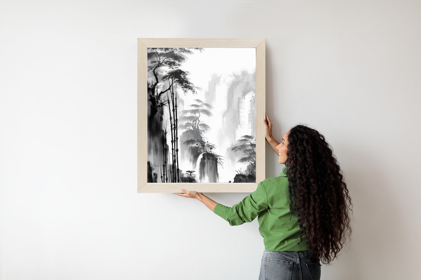 Poster Berglandschaft Mit Wasserfall Und Hohen Bambusbäumen Rahmen Holz Mit Passepartout Farbe Natürlich