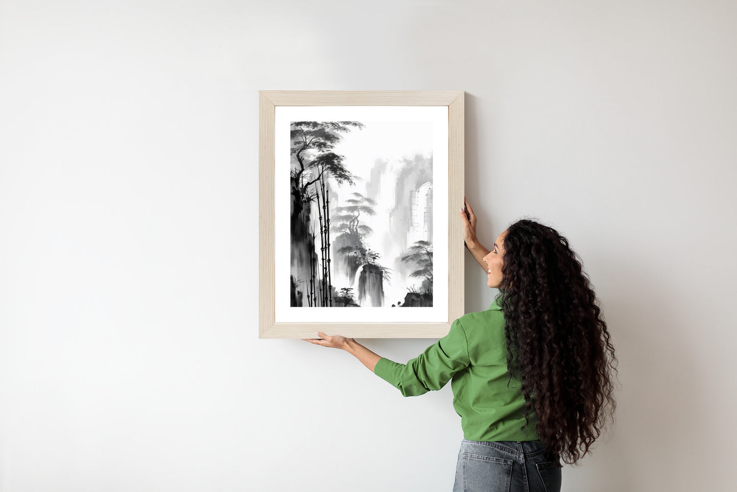 Poster Berglandschaft Mit Wasserfall Und Hohen Bambusbäumen Rahmen Holz Mit Passepartout Farbe Natürlich