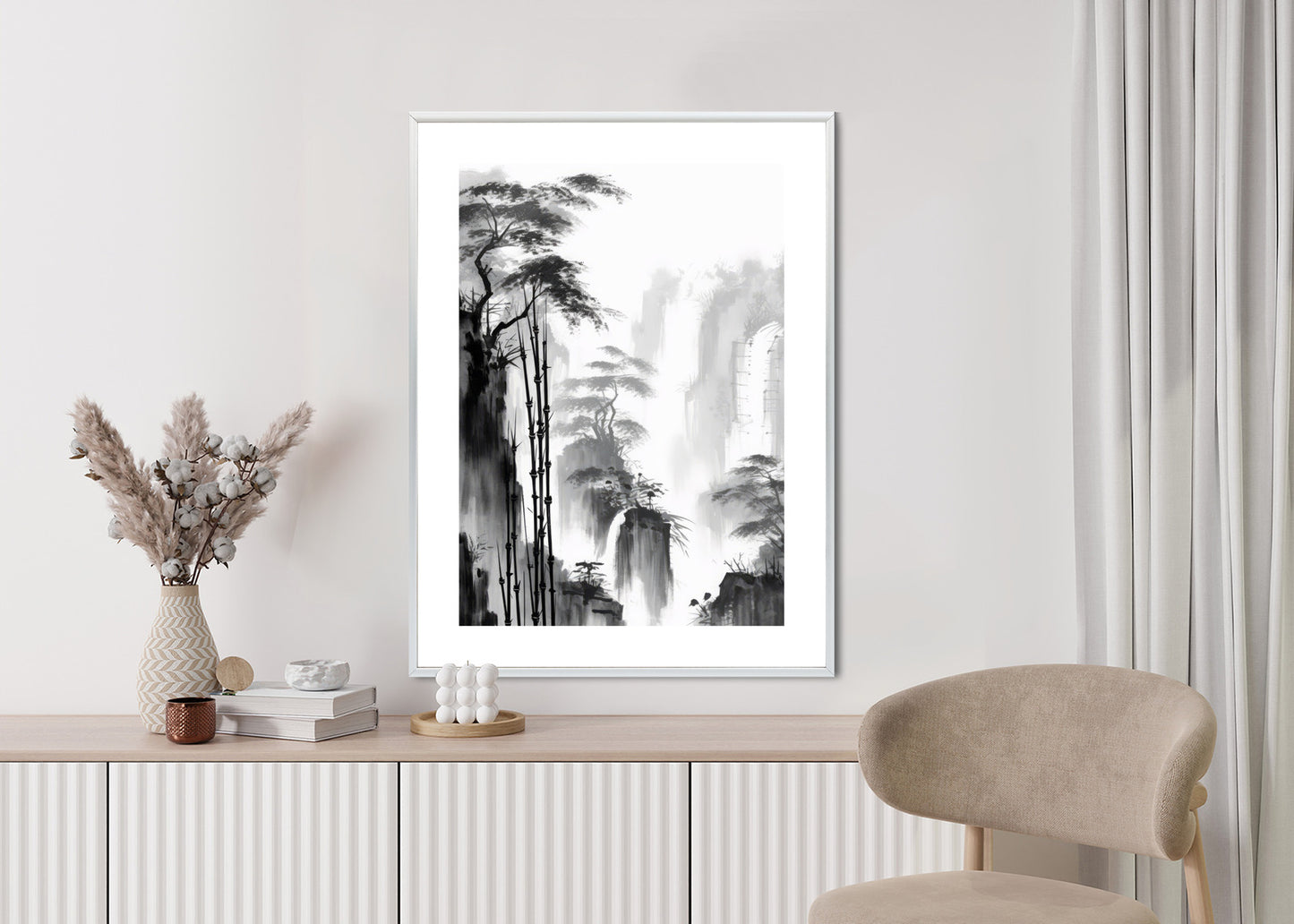Poster Berglandschaft Mit Wasserfall Und Hohen Bambusbäumen Rahmen Holz Mit Passepartout Farbe Natürlich