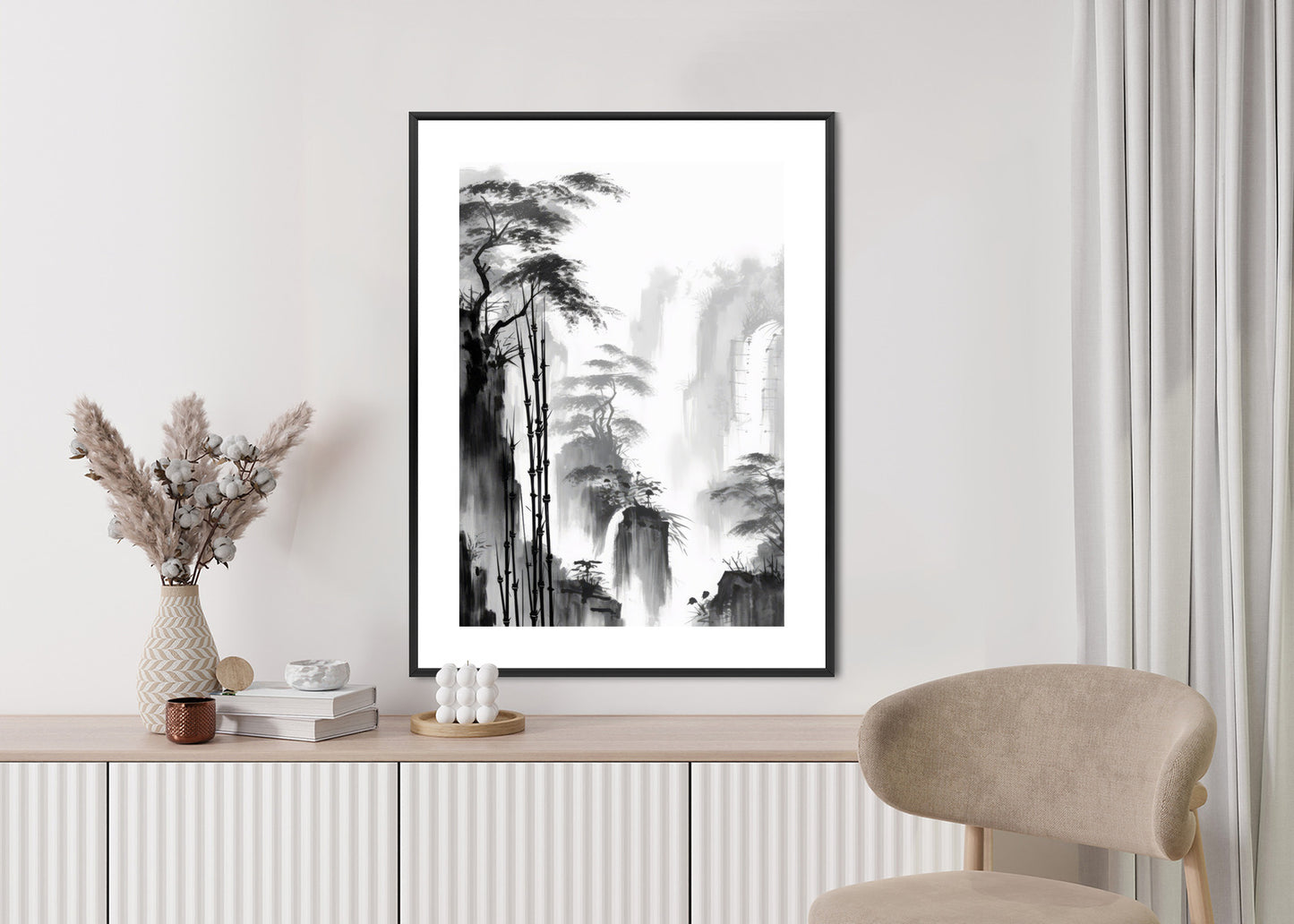 Poster Berglandschaft Mit Wasserfall Und Hohen Bambusbäumen Rahmen Holz Mit Passepartout Farbe Natürlich