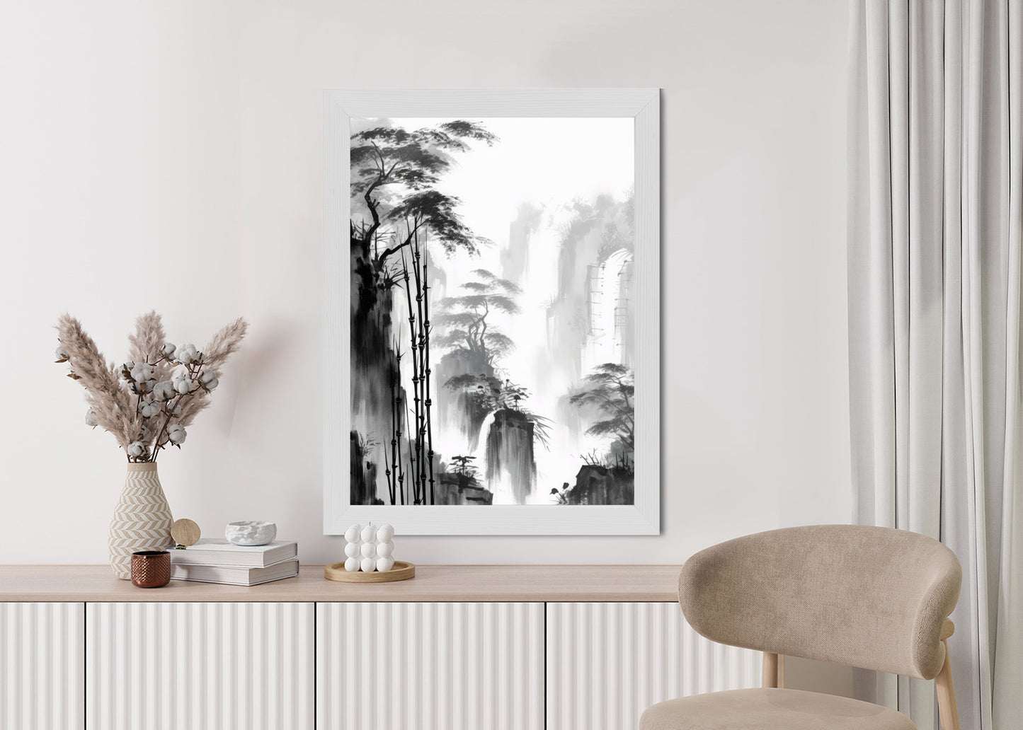 Poster Berglandschaft Mit Wasserfall Und Hohen Bambusbäumen Rahmen Holz Mit Passepartout Farbe Natürlich