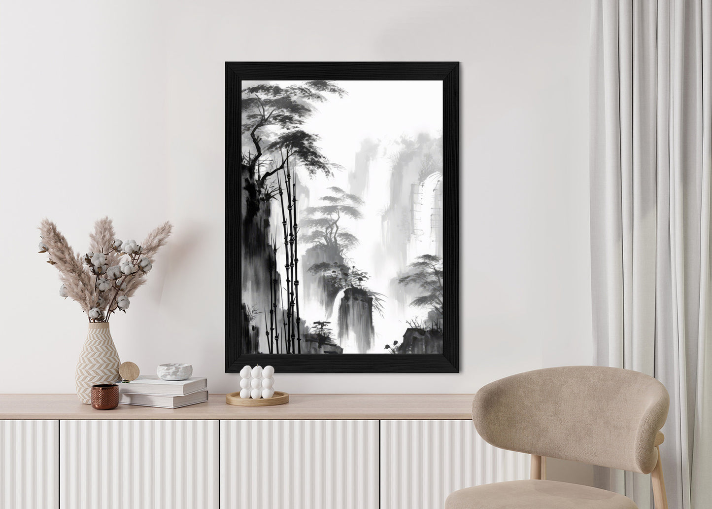 Poster Berglandschaft Mit Wasserfall Und Hohen Bambusbäumen Rahmen Holz Mit Passepartout Farbe Natürlich