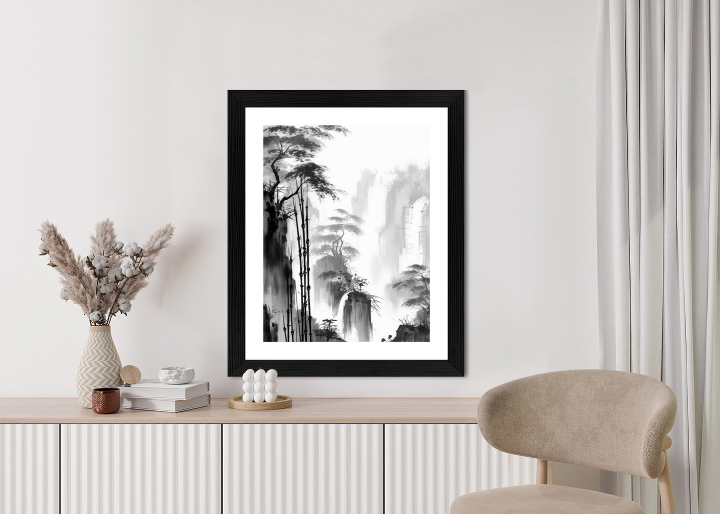 Poster Berglandschaft Mit Wasserfall Und Hohen Bambusbäumen Rahmen Holz Mit Passepartout Farbe Natürlich