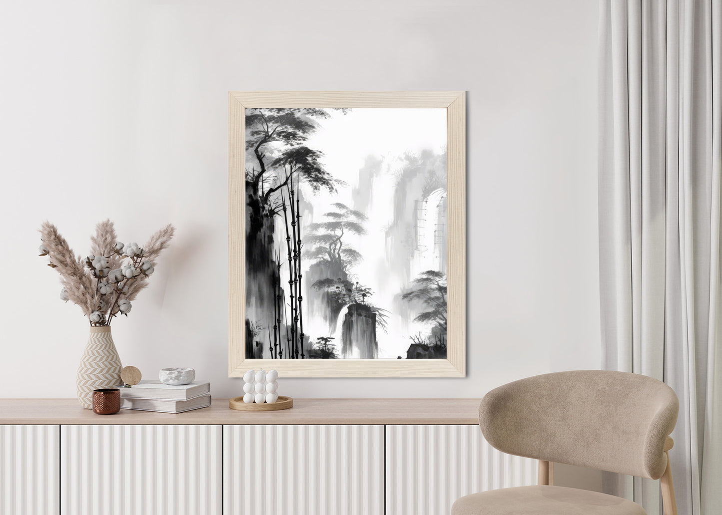 Poster Berglandschaft Mit Wasserfall Und Hohen Bambusbäumen Rahmen Holz Mit Passepartout Farbe Natürlich