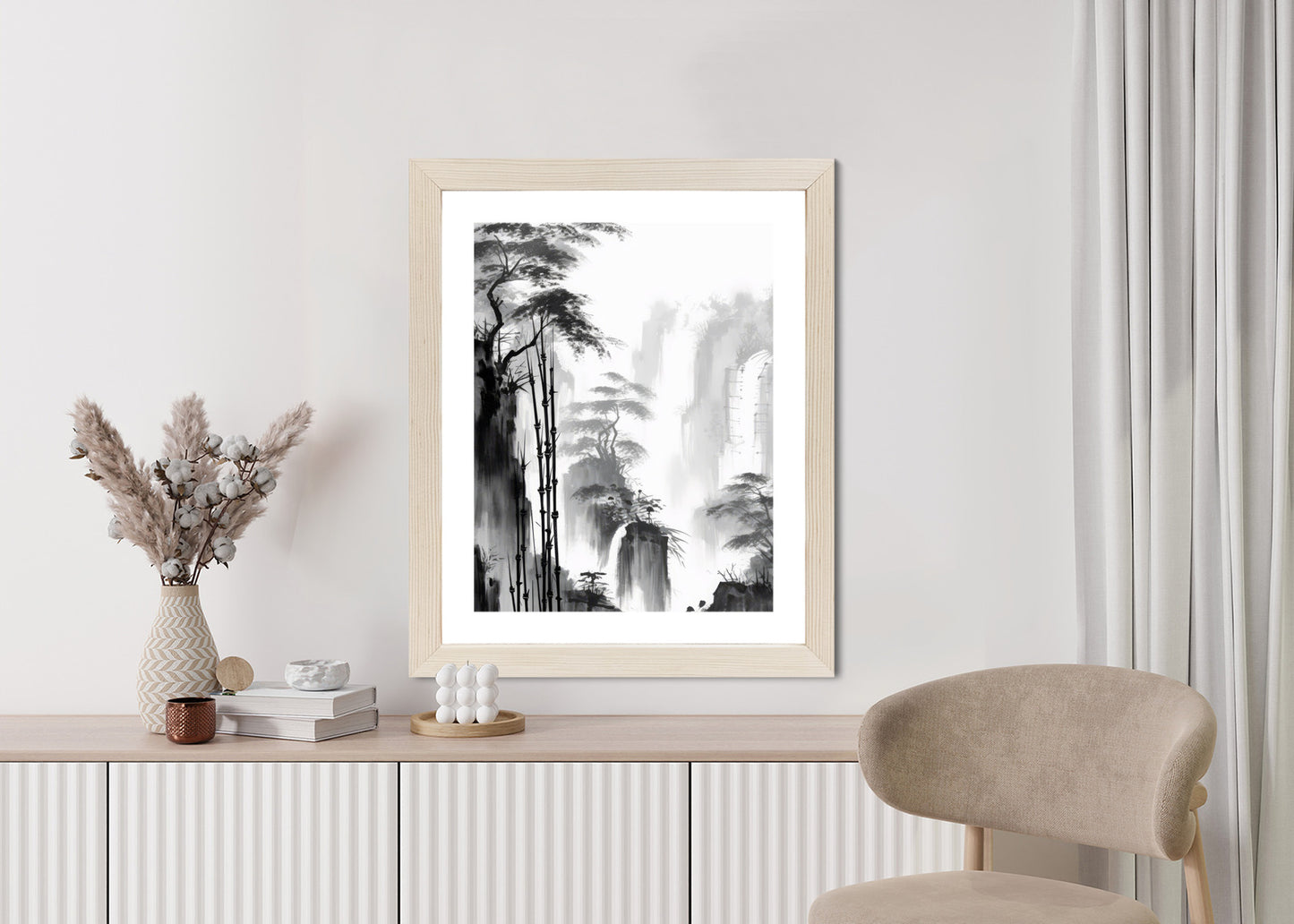 Poster Berglandschaft Mit Wasserfall Und Hohen Bambusbäumen Rahmen Holz Mit Passepartout Farbe Natürlich