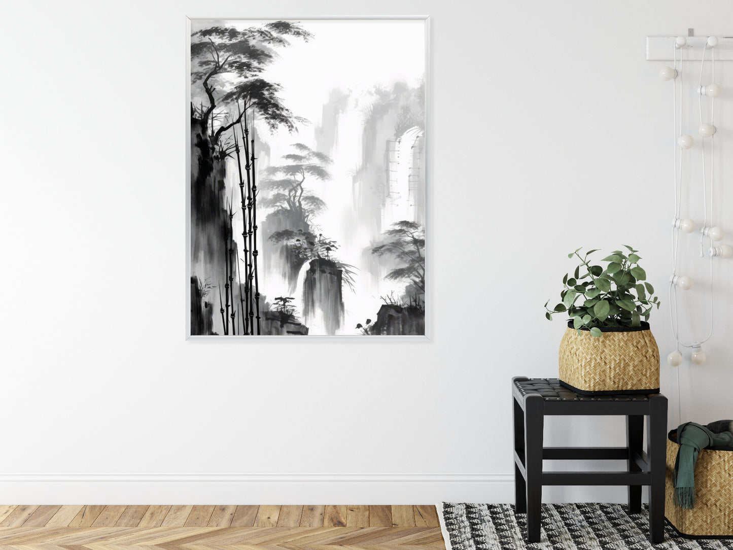 Poster Berglandschaft Mit Wasserfall Und Hohen Bambusbäumen Rahmen Holz Mit Passepartout Farbe Natürlich