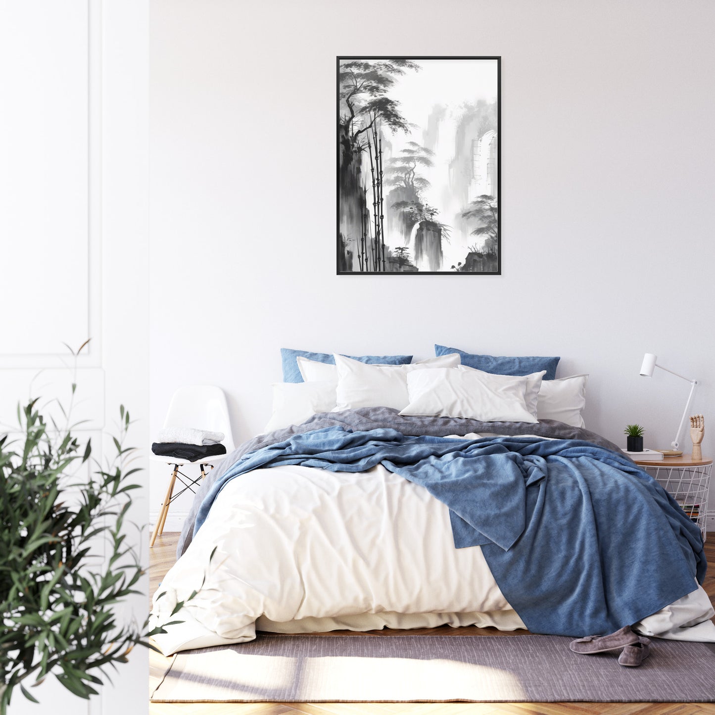 Poster Berglandschaft Mit Wasserfall Und Hohen Bambusbäumen Rahmen Holz Mit Passepartout Farbe Natürlich