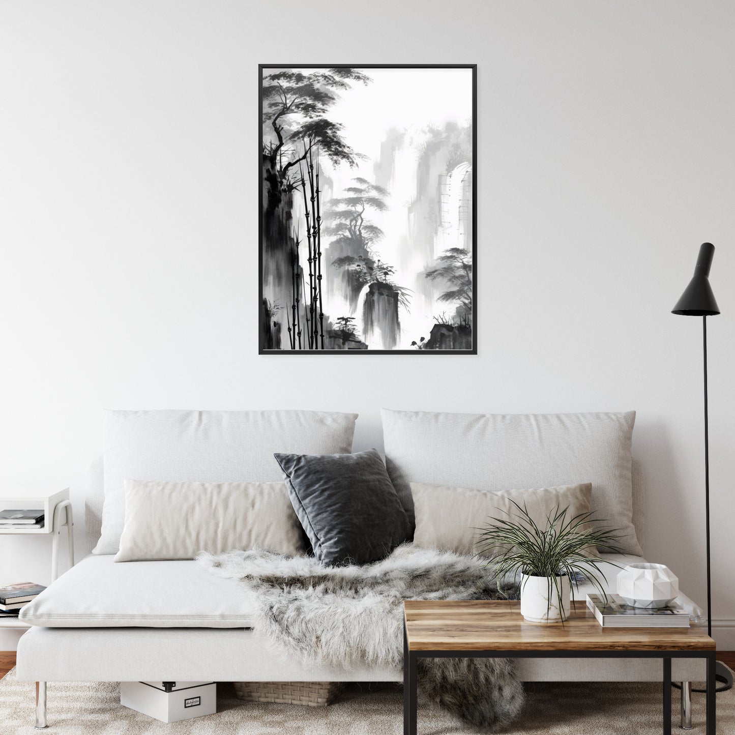 Poster Berglandschaft Mit Wasserfall Und Hohen Bambusbäumen Rahmen Holz Mit Passepartout Farbe Natürlich