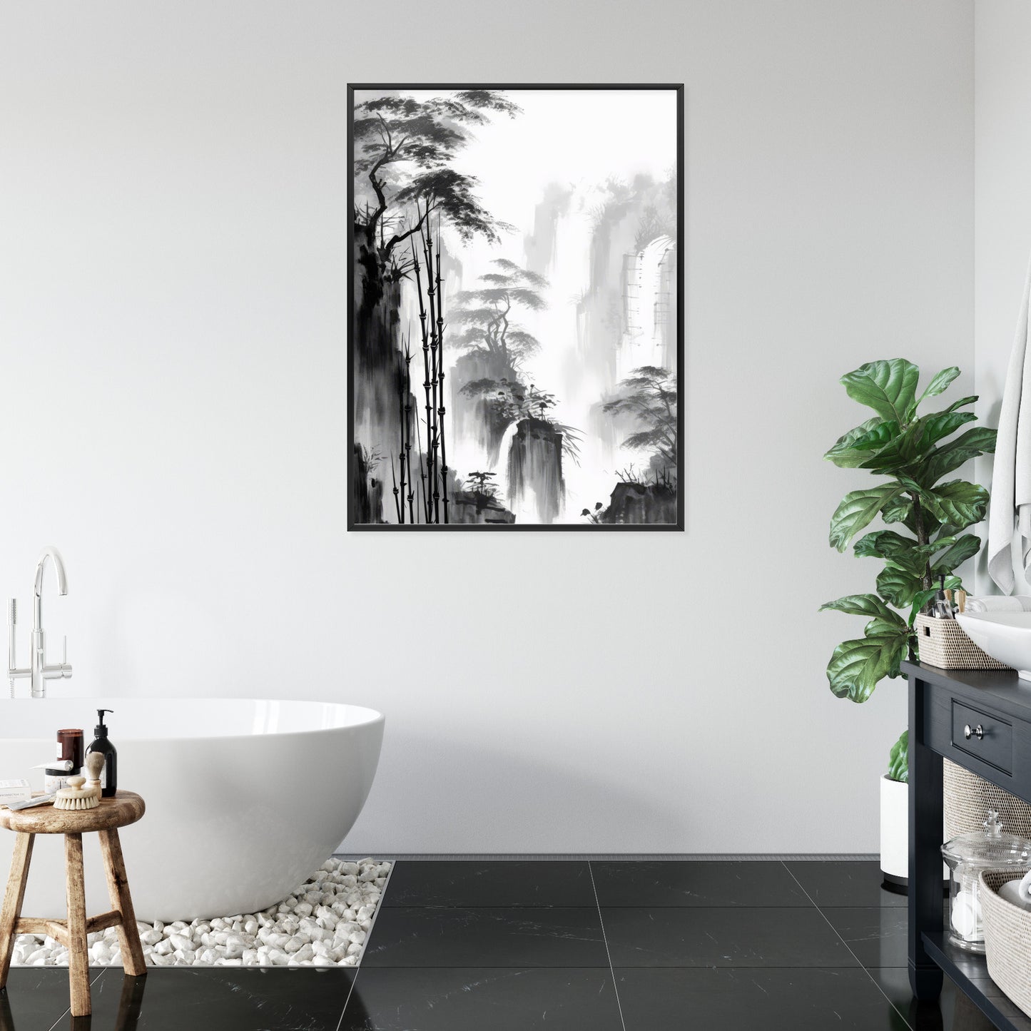 Poster Berglandschaft Mit Wasserfall Und Hohen Bambusbäumen Rahmen Holz Mit Passepartout Farbe Natürlich