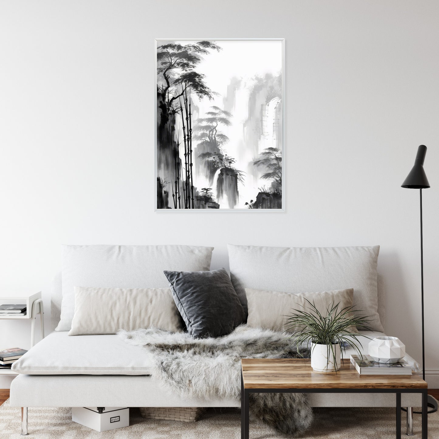 Poster Berglandschaft Mit Wasserfall Und Hohen Bambusbäumen Rahmen Holz Mit Passepartout Farbe Natürlich