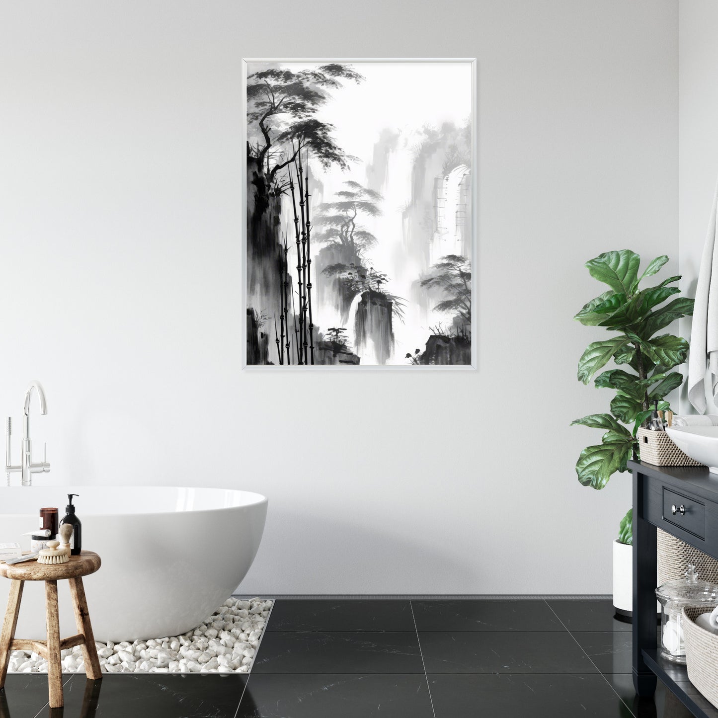 Poster Berglandschaft Mit Wasserfall Und Hohen Bambusbäumen Rahmen Holz Mit Passepartout Farbe Natürlich