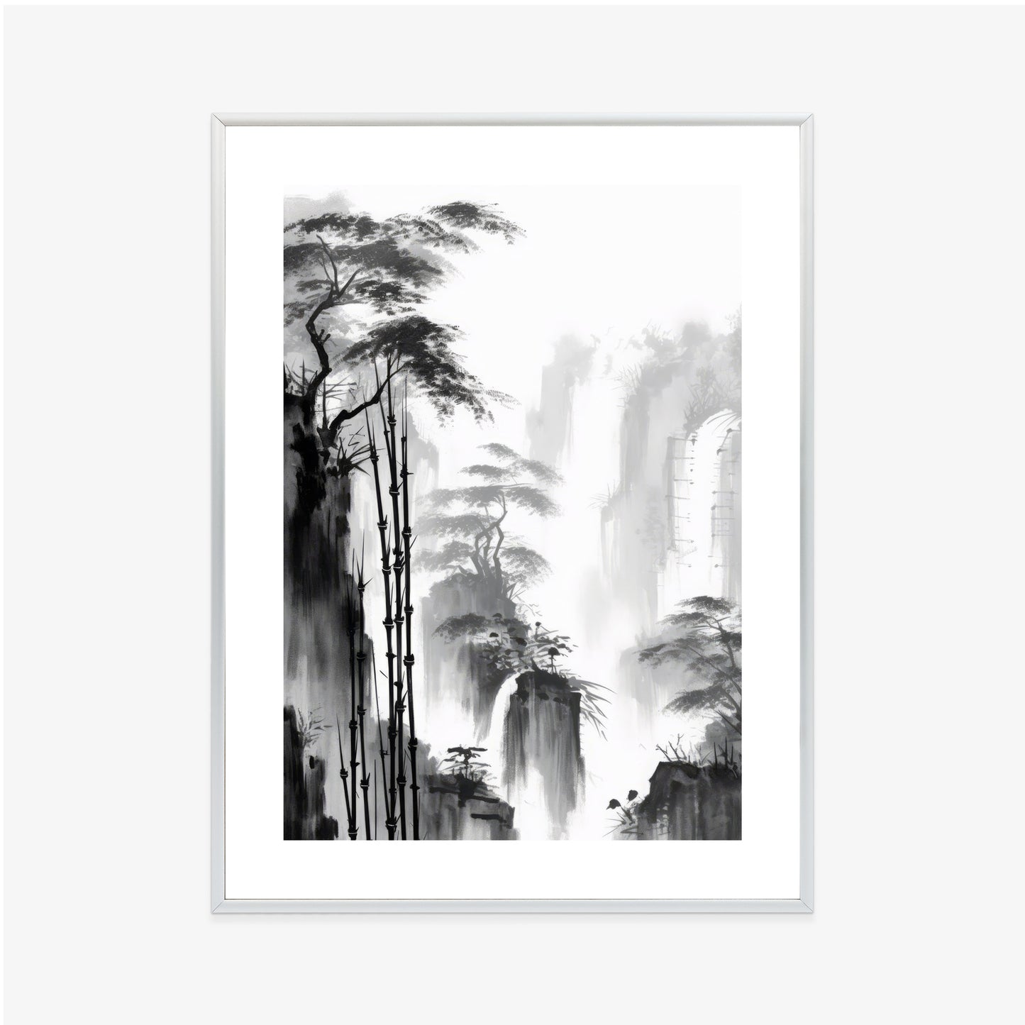 Poster Berglandschaft Mit Wasserfall Und Hohen Bambusbäumen Rahmen Holz Mit Passepartout Farbe Natürlich