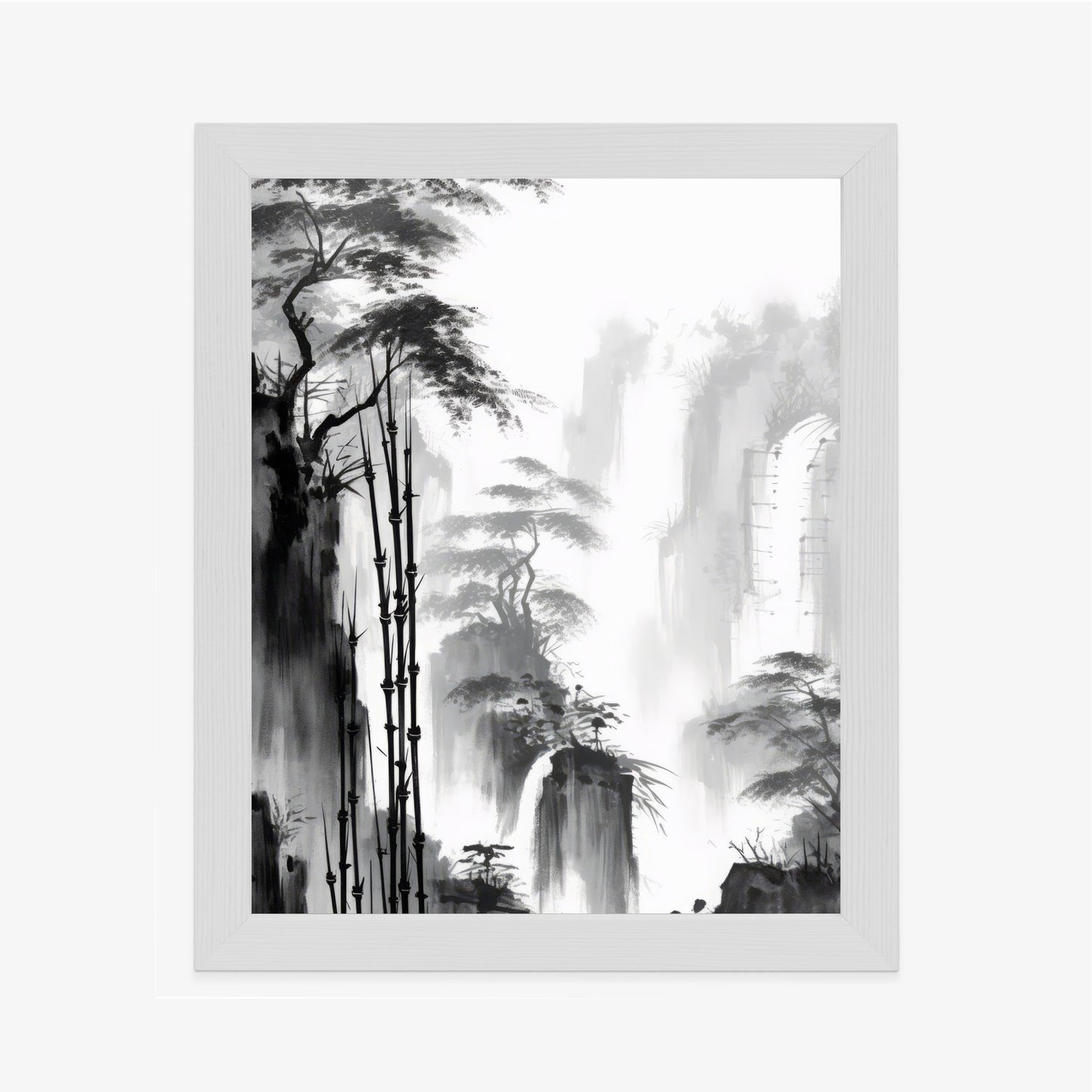 Poster Berglandschaft Mit Wasserfall Und Hohen Bambusbäumen Rahmen Holz Mit Passepartout Farbe Natürlich