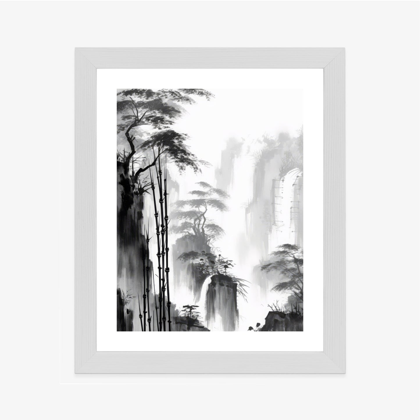 Poster Berglandschaft Mit Wasserfall Und Hohen Bambusbäumen Rahmen Holz Mit Passepartout Farbe Natürlich