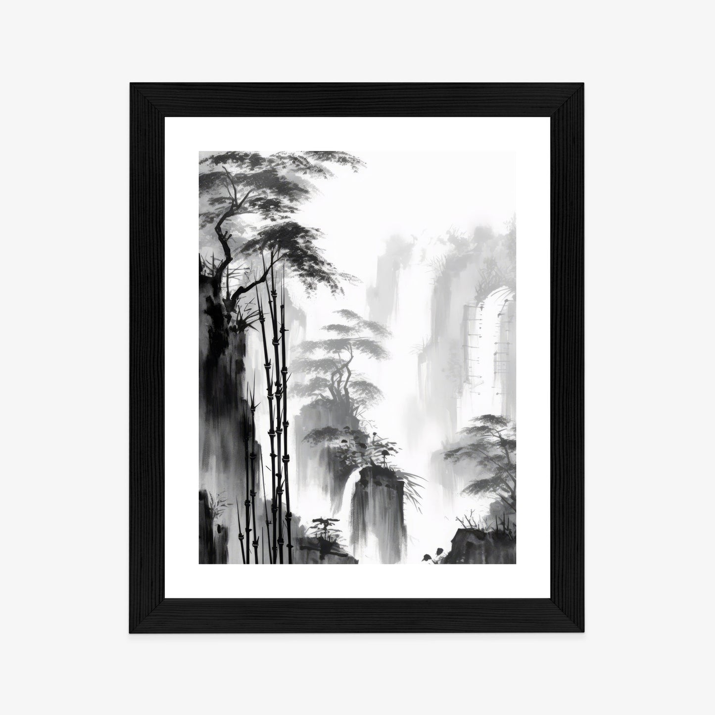 Poster Berglandschaft Mit Wasserfall Und Hohen Bambusbäumen Rahmen Holz Mit Passepartout Farbe Natürlich