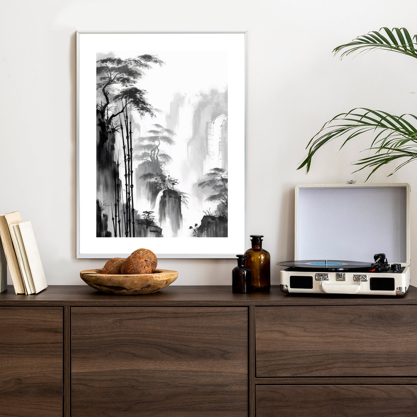 Poster Berglandschaft Mit Wasserfall Und Hohen Bambusbäumen Rahmen Holz Mit Passepartout Farbe Natürlich