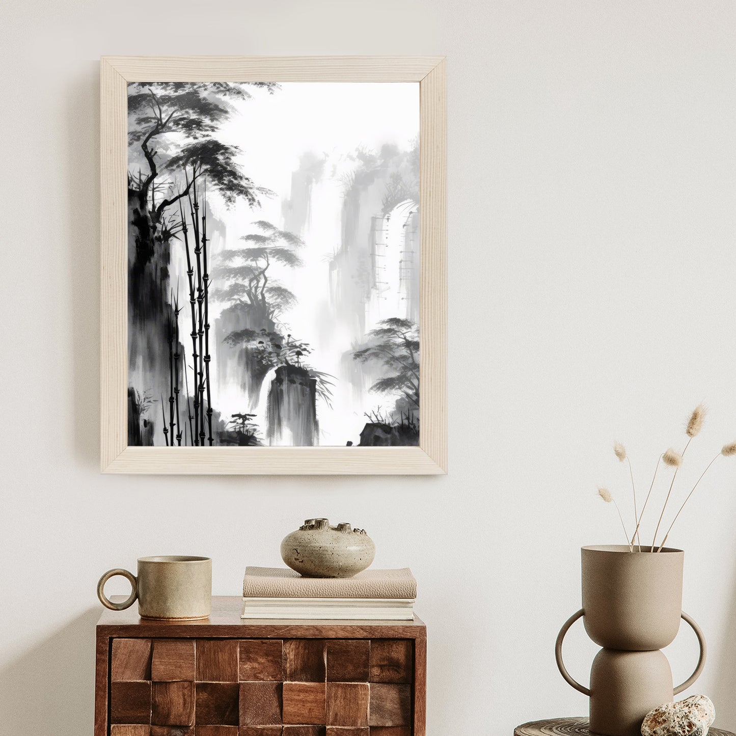 Poster Berglandschaft Mit Wasserfall Und Hohen Bambusbäumen Rahmen Holz Mit Passepartout Farbe Natürlich