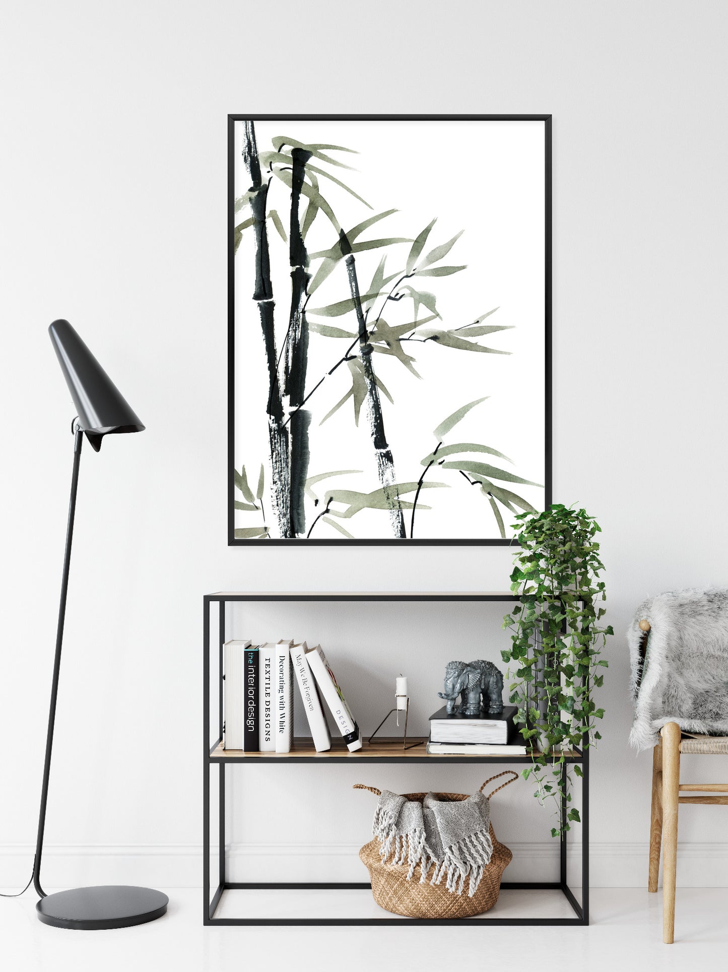 Poster Aquarell Bambus Und Blätter Rahmen Holz Mit Passepartout Farbe Natürlich