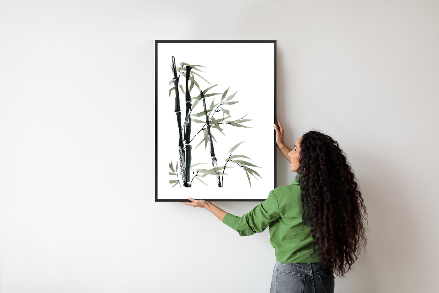 Poster Aquarell Bambus Und Blätter Rahmen Holz Mit Passepartout Farbe Natürlich