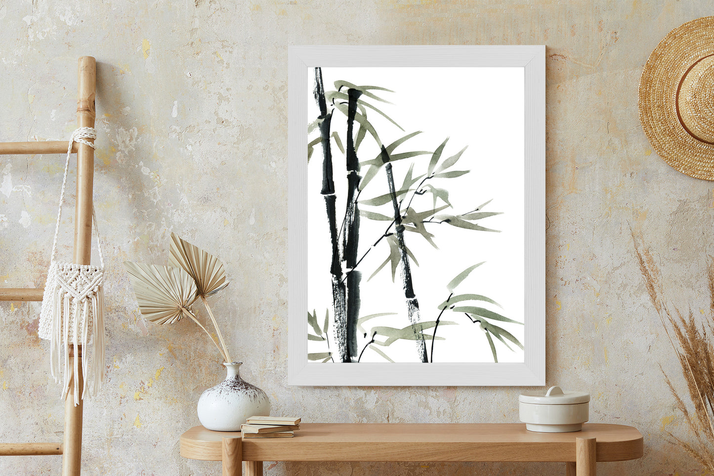 Poster Aquarell Bambus Und Blätter Rahmen Holz Mit Passepartout Farbe Natürlich