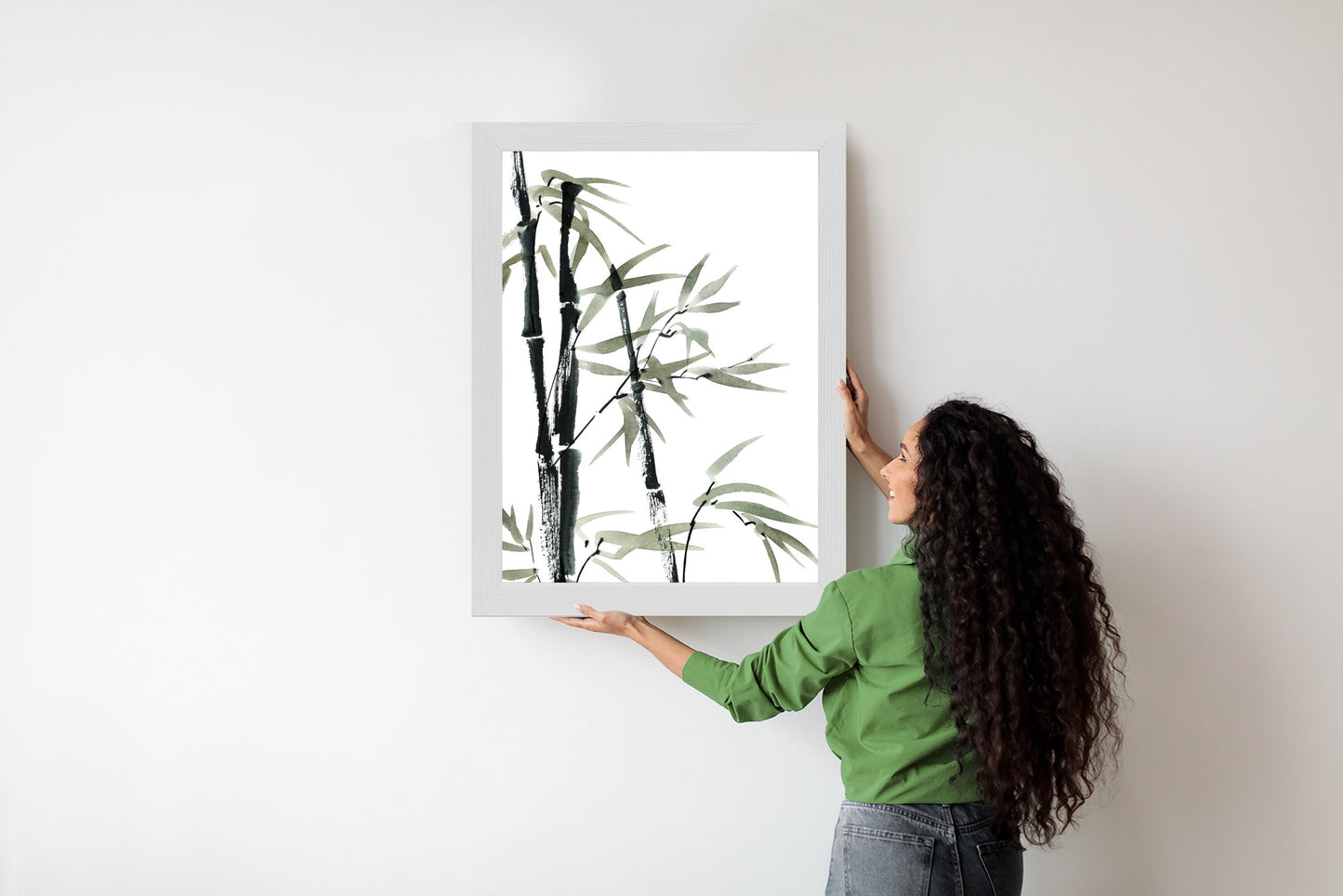 Poster Aquarell Bambus Und Blätter Rahmen Holz Mit Passepartout Farbe Natürlich