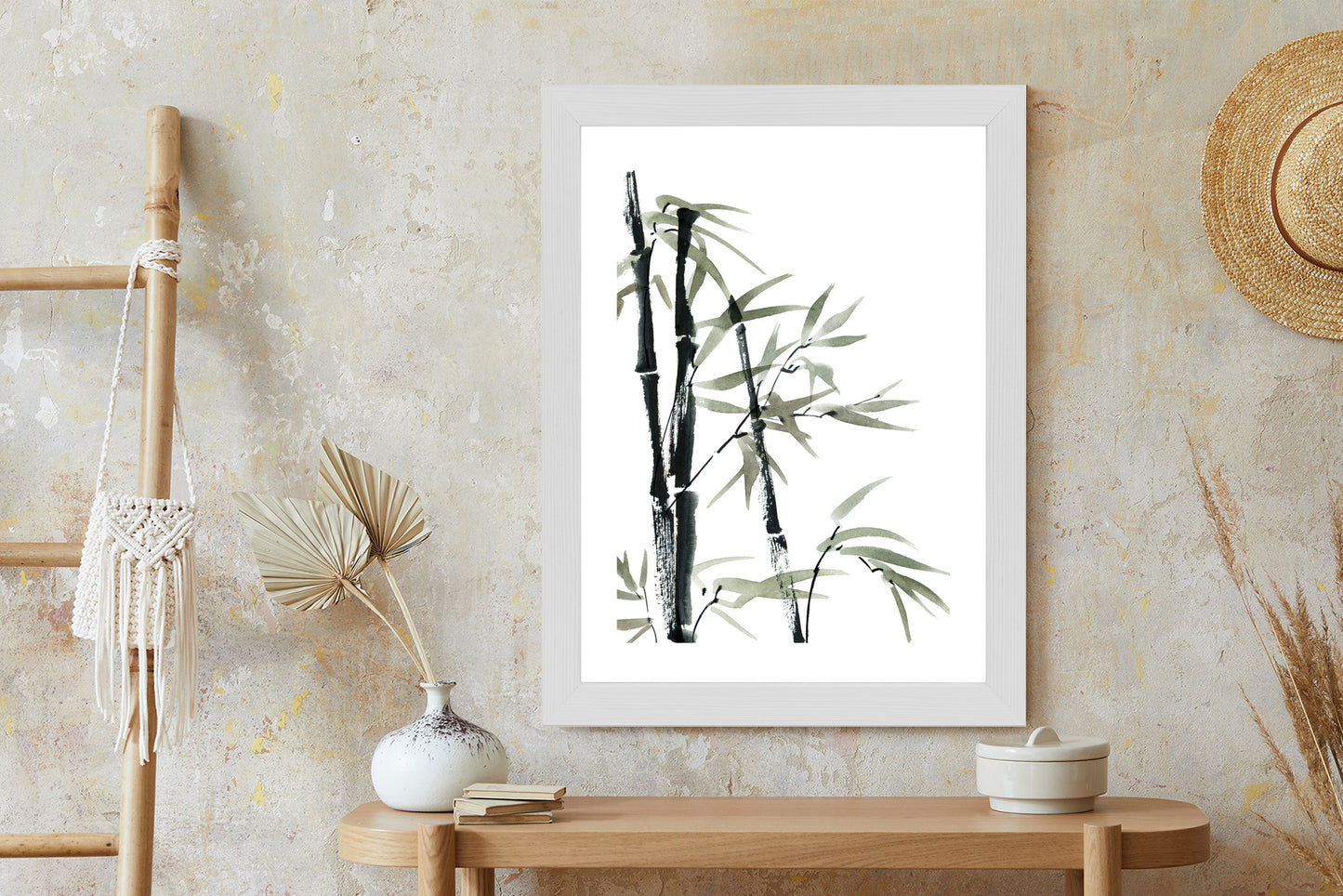 Poster Aquarell Bambus Und Blätter Rahmen Holz Mit Passepartout Farbe Natürlich
