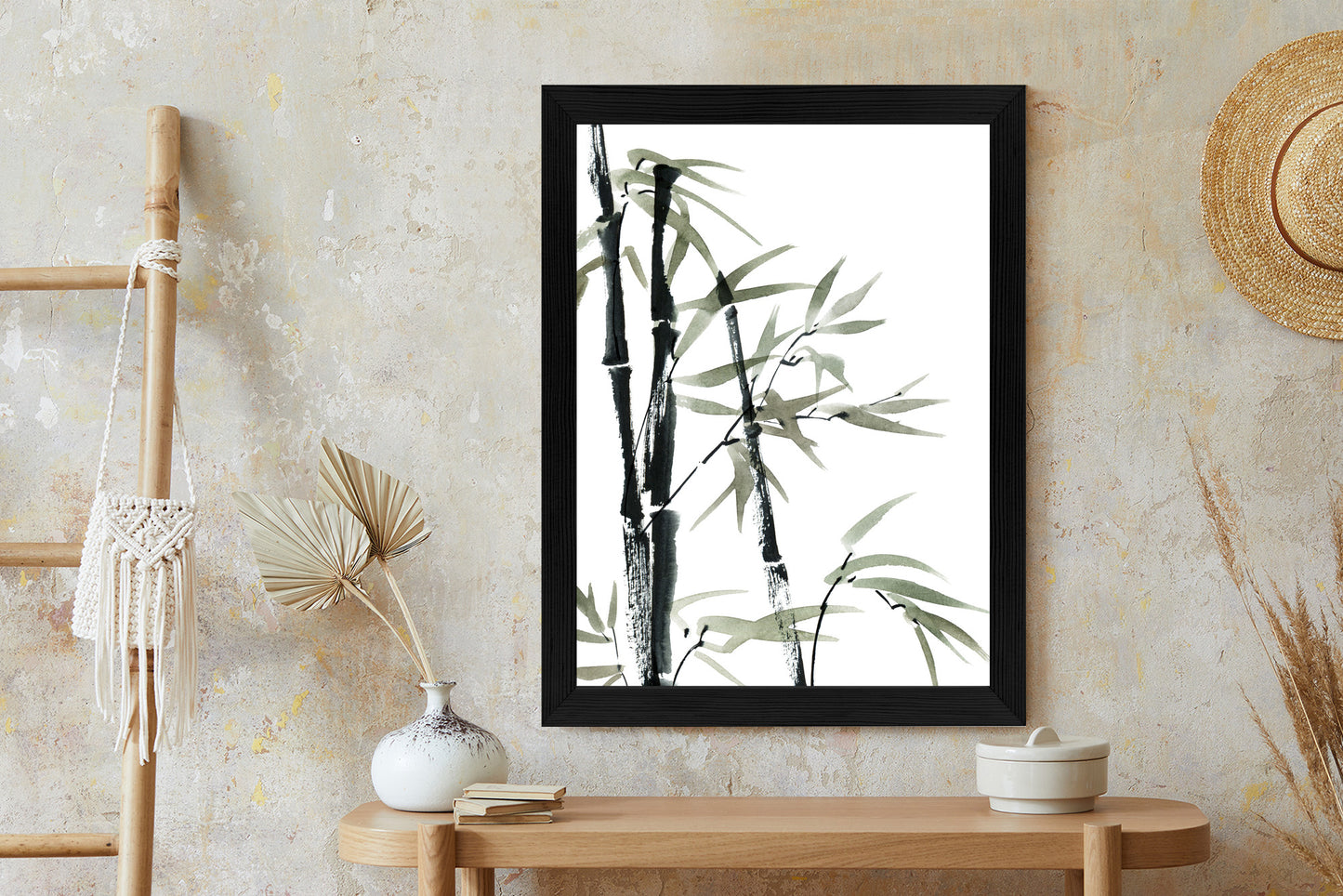 Poster Aquarell Bambus Und Blätter Rahmen Holz Mit Passepartout Farbe Natürlich
