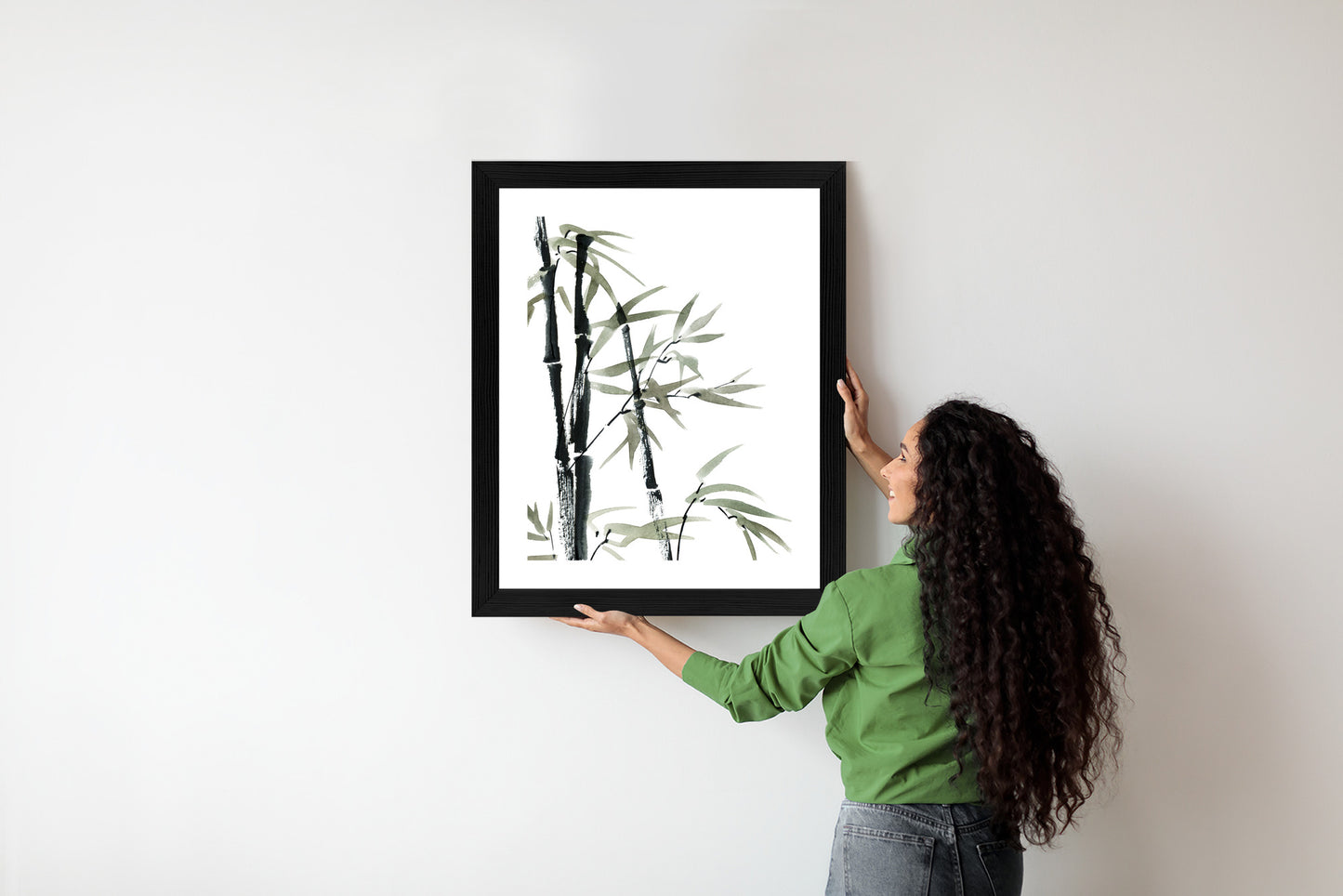 Poster Aquarell Bambus Und Blätter Rahmen Holz Mit Passepartout Farbe Natürlich